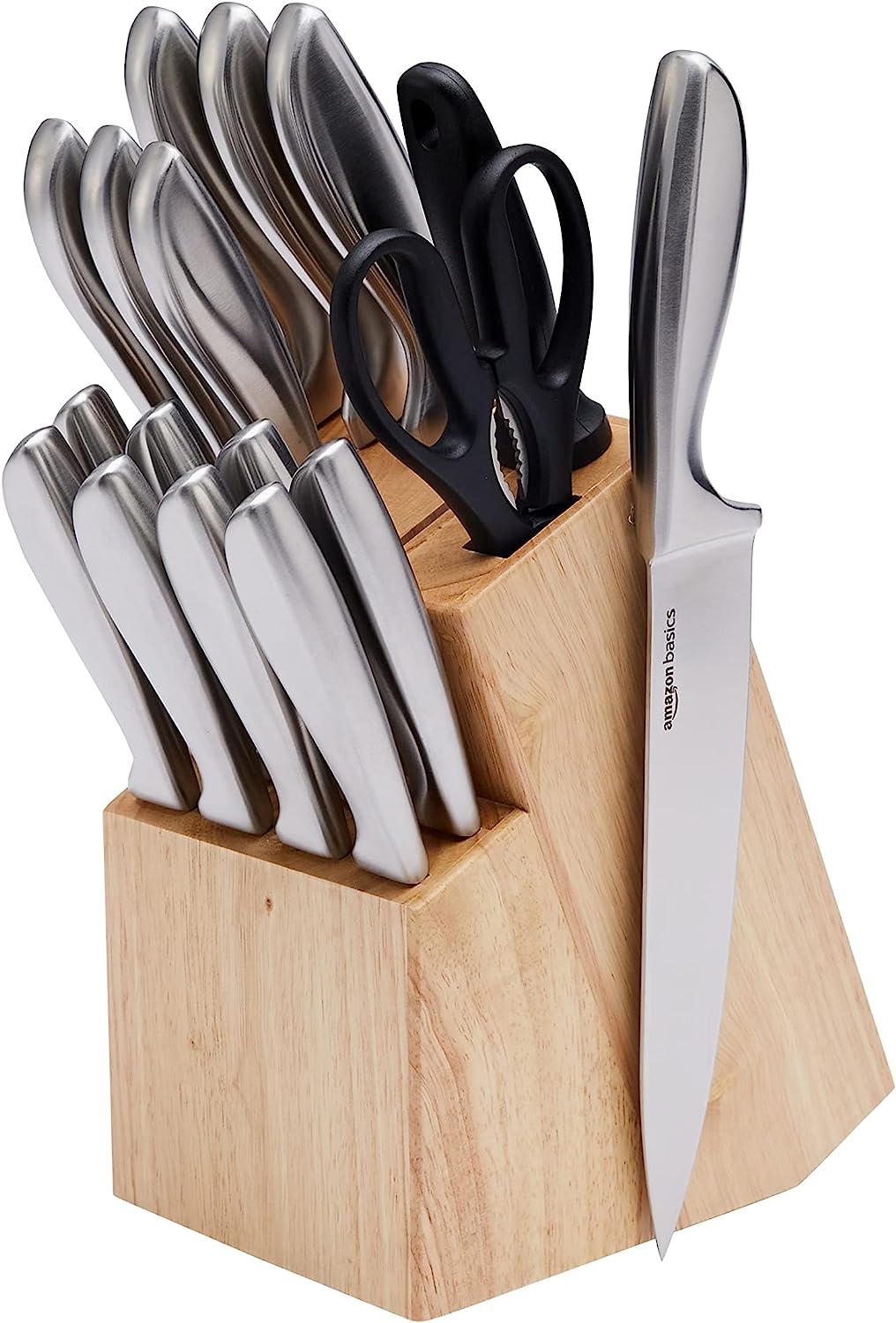 Basics 9-Piece Premium Kitchen High-Carbon Stainless-Steel Blades  with Pine Wood Knife Block Set, Black
