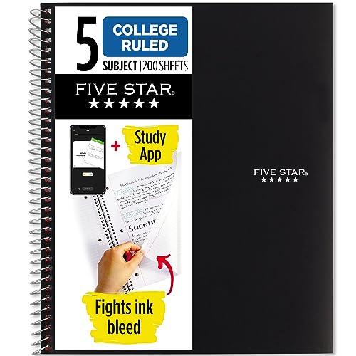 Five Star 5-Subject Spiral Notebook, College Ruled, 200 Sheets